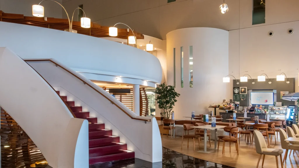 Hilton London Heathrow Airport Terminal 5 lobby and staircase