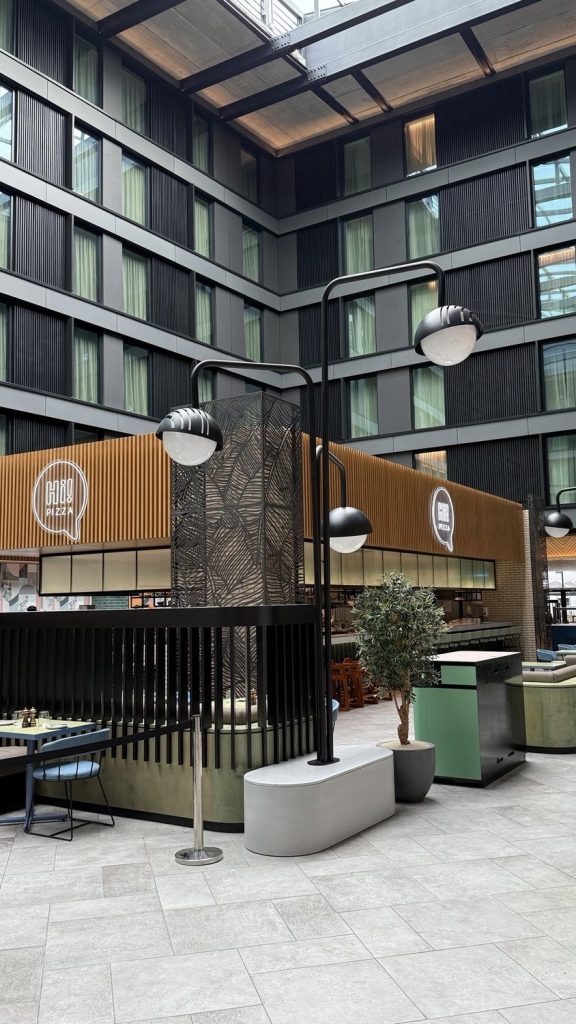 The open plan atrium restaurant seen from an upper floor