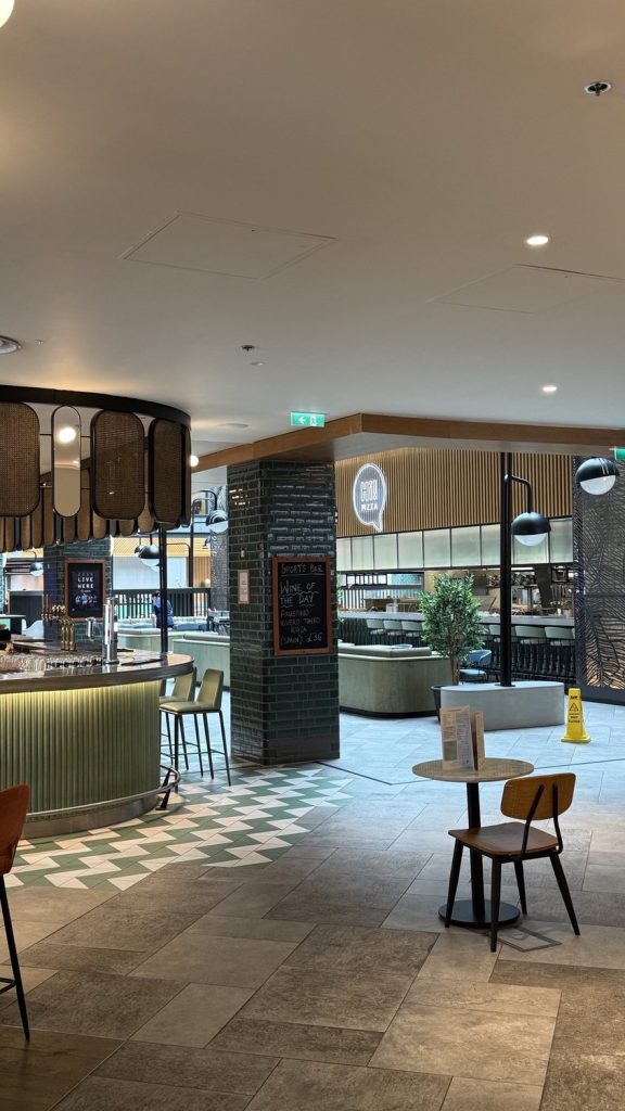 Tables and banquette seating in the restaurant