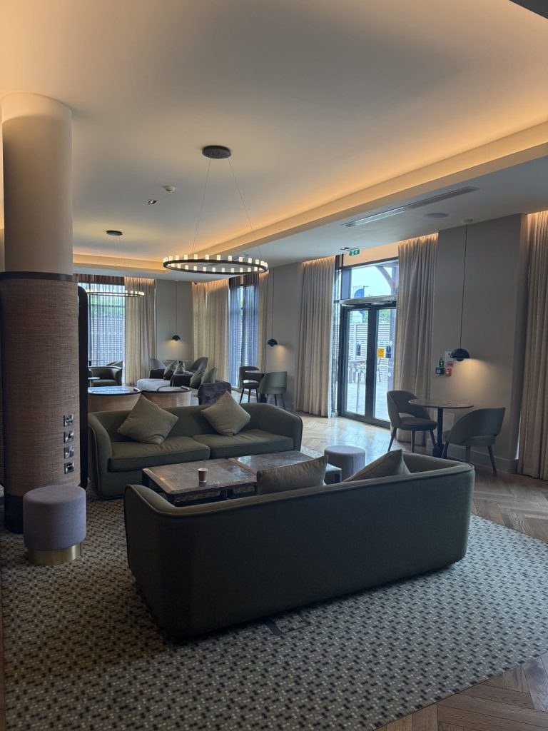 The guest lounge, with sofas and low tables